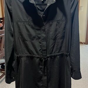 Black Button-Up Dress with Drawstring Waist and Roll Up Sleeves